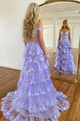 Gorgeous Off The Shoulder A Line Sequin Prom Dress with Glitter Finish Tiered Layers and Slit