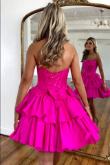 Hot Pink Short Satin Homecoming Dress with A Line Silhouette Strapless Neckline and Beads