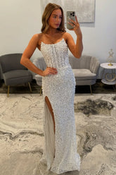 Gorgeous Luxury White Pearls Strapless Mermaid Prom Dress with Slit