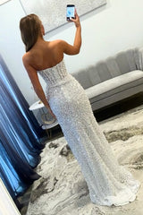 Gorgeous Luxury White Pearls Strapless Mermaid Prom Dress with Slit