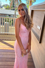 Gorgeous Mermaid Spaghetti Straps Light Pink Long Prom Dress with Embroidery