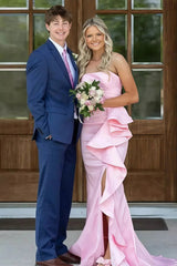 Gorgeous Mermaid Strapless Pink Long Prom Dress with Split Front Ruched