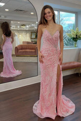 Gorgeous Mermaid Sweetheart Pink Long Prom Dress with Split Front Appliques