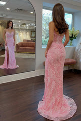 Gorgeous Mermaid Sweetheart Pink Long Prom Dress with Split Front Appliques
