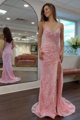 Gorgeous Mermaid Sweetheart Pink Long Prom Dress with Split Front Appliques