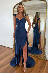 Gorgeous Navy Beaded Mermaid Prom Dress with Lace Up Detail and Front Slit