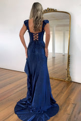 Gorgeous Navy Beaded Mermaid Prom Dress with Lace Up Detail and Front Slit