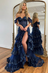 Beautiful Mermaid Off The Shoulder Navy Sequins Long Prom Dress with Appliques