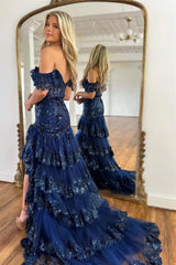Beautiful Mermaid Off The Shoulder Navy Sequins Long Prom Dress with Appliques
