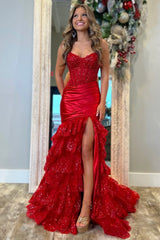 Stunning Satin Mermaid Prom Dress with Strapless Design and Tiered Sequin Ruffle Details