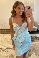 Gorgeous Sequin Lace Homecoming Dress with Sheer Corset Bodice and Statement Bow