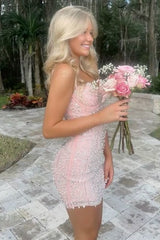 Gorgeous Sheath Spaghetti Straps Light Pink Short Homecoming Dress with Pearls