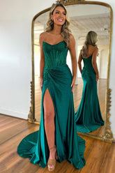 Gorgeous Sparkly Mermaid Strapless Long Beaded Prom Dress with Leg Slit