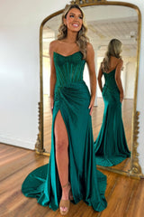 Gorgeous Sparkly Mermaid Strapless Long Beaded Prom Dress with Leg Slit