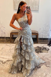 Gorgeous Grey Sequin Prom Dress with One Shoulder Design Long Ruffle Skirt and Sparkle Finish