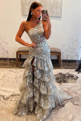 Gorgeous Grey Sequin Prom Dress with One Shoulder Design Long Ruffle Skirt and Sparkle Finish