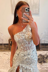 Gorgeous Grey Sequin Prom Dress with One Shoulder Design Long Ruffle Skirt and Sparkle Finish