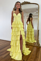 Yellow A Line Sparkly Prom Dress with Lace Up Back Tiered Skirt and Leg Slit