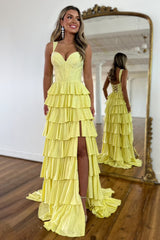 Yellow A Line Sparkly Prom Dress with Lace Up Back Tiered Skirt and Leg Slit