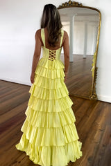Yellow A Line Sparkly Prom Dress with Lace Up Back Tiered Skirt and Leg Slit