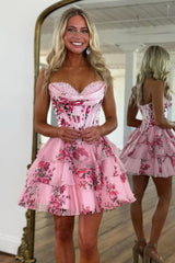 Floral A-Line Sweetheart Corset Homecoming Dress with Layered Skirt