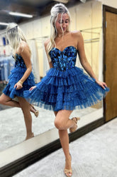 Lovely A Line Sweetheart Tulle Homecoming Dress with Short Tiered Skirt and Mirror Trim