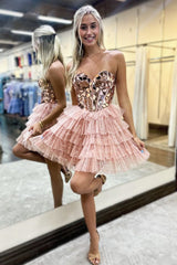 Lovely A Line Sweetheart Tulle Homecoming Dress with Short Tiered Skirt and Mirror Trim