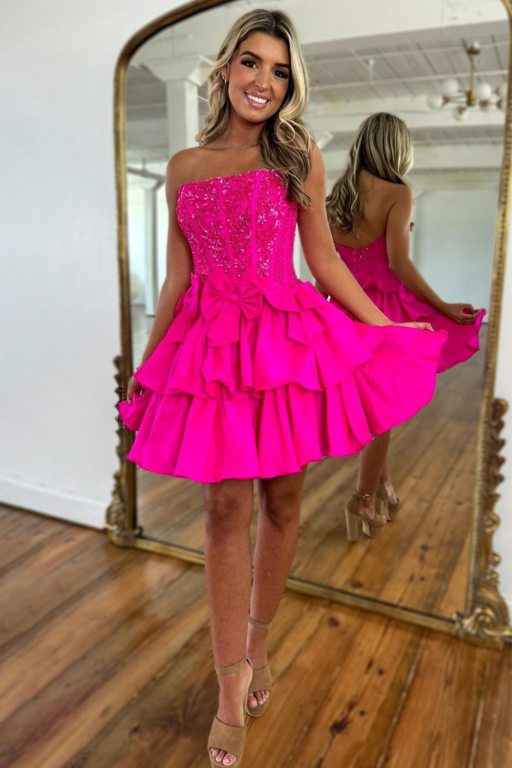 Furlla Women Hot Pink Short Satin Homecoming Dress with A Line Silhouette Strapless Neckline and Beads – Furlla Official