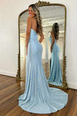 Gorgeous Light Blue Beaded Halter Mermaid Prom Dress With Pearls and Slit