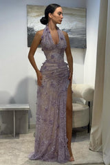 Gorgeous Mermaid Halter Neck Green Long Party Dress with 3D Flowers