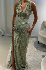 Gorgeous Mermaid Halter Neck Green Long Party Dress with 3D Flowers