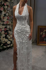 Gorgeous Mermaid Halter Neck Green Long Party Dress with 3D Flowers