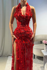 Gorgeous Mermaid Halter Neck Green Long Party Dress with 3D Flowers