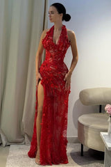 Gorgeous Mermaid Halter Neck Green Long Party Dress with 3D Flowers