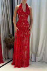 Gorgeous Mermaid Halter Neck Green Long Party Dress with 3D Flowers