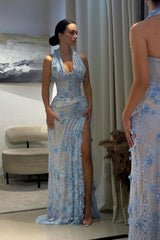 Gorgeous Mermaid Halter Neck Green Long Party Dress with 3D Flowers