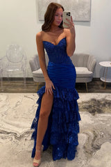 Gorgeous Red Mermaid Strapless Long Tiered Sequin and Satin Prom Dress