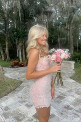 Gorgeous Sheath Spaghetti Straps Light Pink Short Homecoming Dress with Pearls