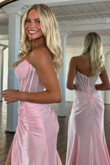 Blush Pink Corset Long Beaded Prom Dress with Rhinestone Details