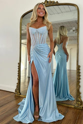 Gorgeous Sparkly Mermaid Strapless Long Beaded Prom Dress with Leg Slit