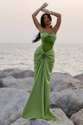 Green Ruched Bodice Mermaid Draped Maxi Prom Dress with Rosette Detail