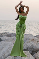 Green Ruched Bodice Mermaid Draped Maxi Prom Dress with Rosette Detail