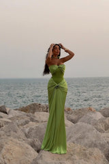 Green Ruched Bodice Mermaid Draped Maxi Prom Dress with Rosette Detail