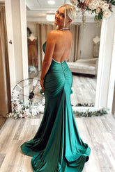 Shiny Emerald Green Satin Mermaid Gown with Halter and Open Back Prom Dress