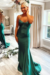 Shiny Emerald Green Satin Mermaid Gown with Halter and Open Back Prom Dress