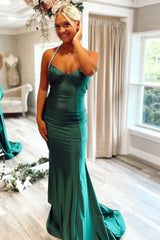 Shiny Emerald Green Satin Mermaid Gown with Halter and Open Back Prom Dress