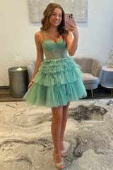 Green Corset Short Tulle Homecoming Dress with Ruffled Skirt and Sparkle Details