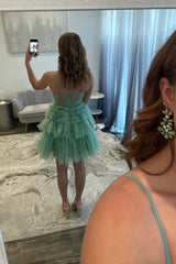 Green Corset Short Tulle Homecoming Dress with Ruffled Skirt and Sparkle Details