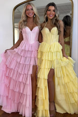 Halter Neck Beaded Top Corset Ruffle Prom Dress with Flowing Skirt and Slit