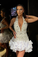 Luxury Pearl & Crystal Embellished Halter Homecoming Dress with Ruffled Hem